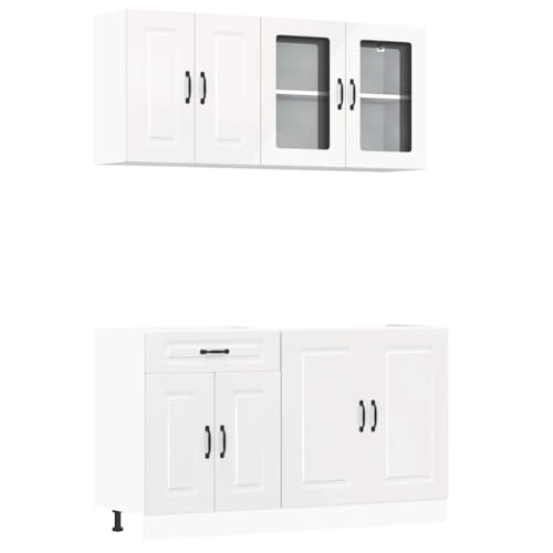 Eleganz Juego de 4 muebles de cocina Kalmar blanco brillante de madera y cristal – Diseño moderno para cocinas pequeñas – Ahorro de espacio y duradero