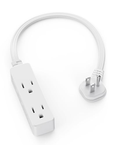 Flat Plug Extension Cord with 3 Outlets - 1 ft White Low Profile Indoor 3 Prong Grounded Power Strip for Home Office & Travel - 16/3 AWG 13A/1625W
