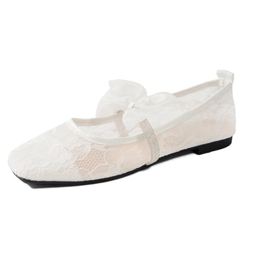 SCBFDI Sandalias Cerradas Mujer Zapatos de Encaje con Flor y Lazo - Suela Plana y Forro Transpirable, Elegantes para Diario y Ocasiones Especiales Women's Sandals Blanco 43