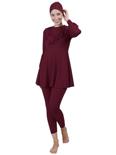 Image of Women 3 Piece Modest Muslim Swimwear Islamic Ruffle Full Coverage Long Sleeve Removable Chest Pads Swim Hijab Cap Swimming Costume Burkini Swimsuit