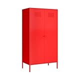LINGZOE 2 Magnetic Doors Steel Wardrobe Closet Storages Accent Cabinet with Hanging Rod and Laminate,Classified Storage Metal Tall Storage lockers Armoire with Leg for Home Bedroom(red)