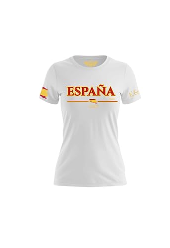 LOKY Camiseta Mujer España 2026, Mundial de Fútbol, Diseño con Bandera Española (FR/ES, Letras, XXL, Regular, Regular, Blanco)
