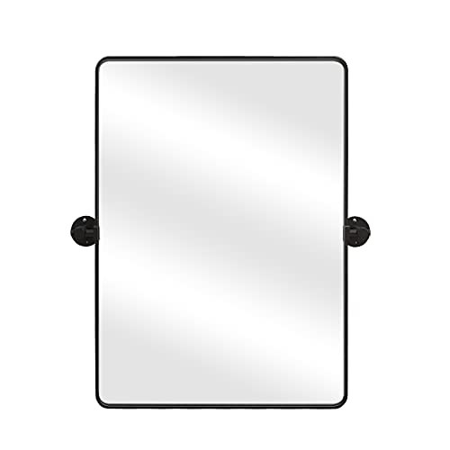 FOMAYKO 22 x 30 inch Farmhouse Large Black Metal Framed Pivot Rectangle Bathroom Mirror Rounded Rectangluar Vanity Mirrors for Wall