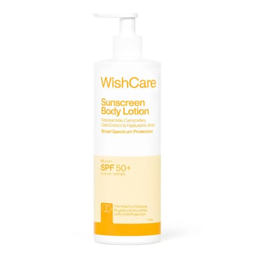 Image of WishCare Sunscreen Body Lotion with SPF 50 PA+++ In- Vivo Tested | Body Sunscreen With Broad Spectrum UVA & UVB Protection, No White Cast | With Carrot Seed & Raspberry | For All Skin Types | For Women & Men | 450ml