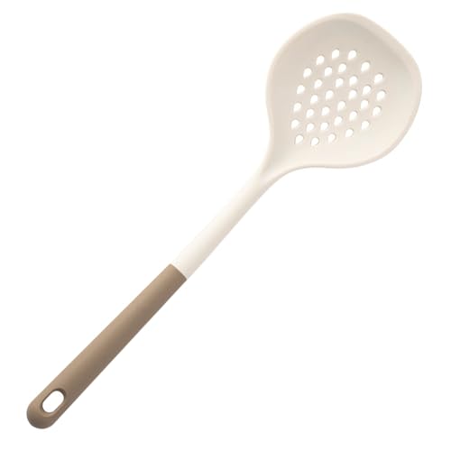 BRIIEC 1-piece Skimmer Silicone Cooking Kitchen Utensils Set White and Coffee Brown Handle Kitchen Gadgets Heat Resistant Kitchen Tolls for Nonstick Cookware