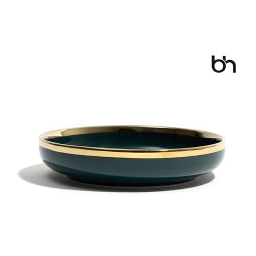 Image of Beyond Homes Ceramic Bowl Set of 2 | 20 cm Deep Serving Bowls | Microwave & Dishwasher Safe Glossy Ceramic Bowls for Pasta Ramen Soup Noodles & Salad | 650 ml Each, Teal Gold
