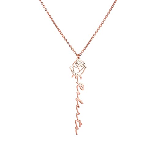 Stainless Steel Dainty Rose Flower Custom Name Pendant Necklace Natural Flowers Element Personalized Nameplate Jewelry