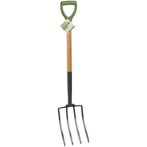 Fourche à Bêcher Jardin 4 Dents Acier KINZO - Manche Bois 105cm & Poignée Ergonomique - Outil Jardinage Sols Durs & Aération
