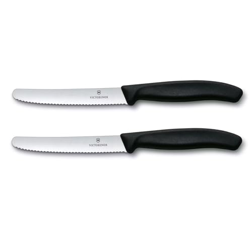 Produktfoto von Victorinox | Küchenmesser-Set | 2 Stück Schwarz | Klingenlänge: 11cm | Extra scharfer Wellenschliff | Tafelmesser mit…