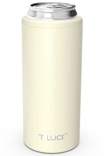 TILUCK Skinny Can Cooler for Slim Beer & Hard Seltzer, Stainless Steel, Doucle-Walled Stainless Steel Insulated Slim Cans, Standard 12 oz (Frosted Beige)