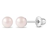 925 Sterling Silver Pink Simulated Pearl Screw Back Baby Girl Kids Earrings