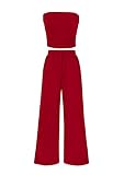 PRETTYGARDEN Womens Summer Outfits 2 Piece Sets Casual Ribbed Knit Crop Tube Top Wide Leg Pants Spring Matching Lounge Set(Red,Medium)