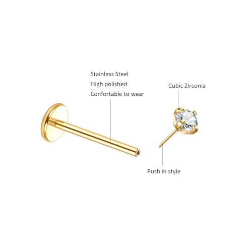 Image of Oveta Threadless Nose Stud Stainless Steel 20G 18G 16G Threadless Flat Back Tragus Earrings Labret Medusa Monroe Ashely Lip Piercing Jewerly Gold