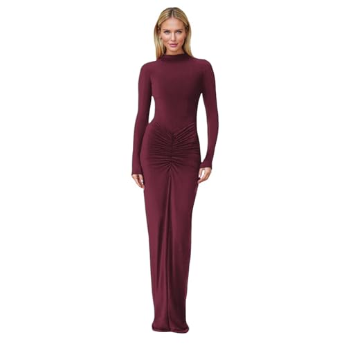Image of Women's Sexy Turtleneck Long Sleeve Maxi Dress Elegant Ruched Bodycon Long Dress Casual Party Dresses