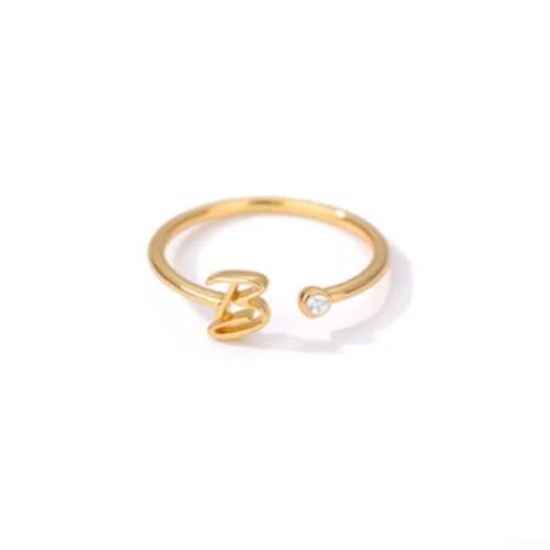 Elegante anillo de cobre de 26 letras con detalles de circonita, perfecto para personas a la moda (letra B)