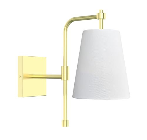 Image of 1-Light Wall Sconce, Brushed Gold Finish, Fabric Linen Shade, Adjustable Swing Arm, Hardwired Wall Mounted Light Fixture for Bedside, Living Room, Bathroom, Versatile Home Decor
