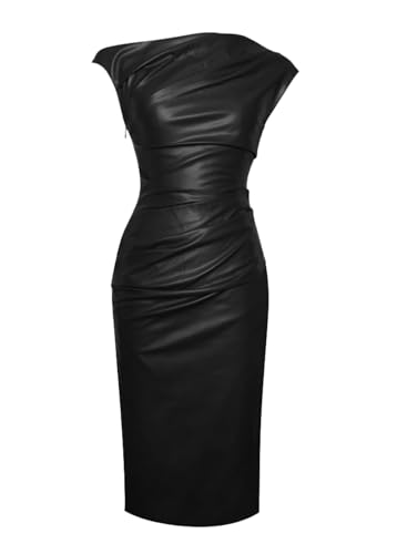 Memoriesea Women's Faux Leather One Shoulder Bodycon Hem Split Party Club Midi Dress