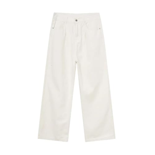 Men’S Retro Loose Fit Wide Leg Plaid Cotton Pants High Waist Button Fly Distressed Full Length Casual Simple Style Jeans