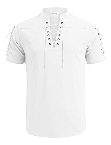Coofandy Mens Linen Shirt Short Sleeve Beach Lace Up Hippie Shirt Casual Summer Tee Tops White #TOP5