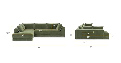 Image of Poly & BARK Marcel Left-Facing Corner Sectional with Extra-Wide Chaise - Upholstered in Sagano Green Fabric - Deep, Relaxed Modern Design with Feather-Blend Cushions for Living Room Comfort and Style