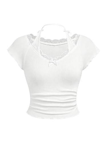 Image of WDIRARA Girls Lace Trim Bow Front Crop Tops Halter Round Neck Short Sleeve Ruched Tee Shirts White 15Y