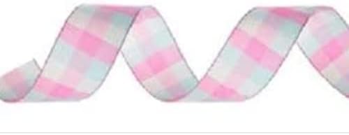 Light Turquoise, Pink And Cream Plaid Wired Edge Ribbon 1 1/2 Inch Craft Supplies