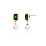 Green Earrings Drop Earrings for Women Emerald Pearl and Gold Earrings Drop Pearl Earrings Vintage Elegant Earrings Green Pearl Drop Earrings for Gift