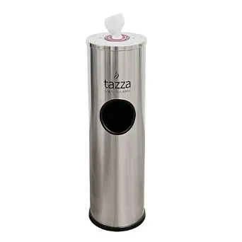 Tazza Gym Equipment Wipe Dispenser with Stainless Steel Floor Stand, Built-in Trash Can, 1.5 Gallon, Silver