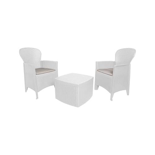 Dmora - Set salotto da esterno Napoli, Composizione da giardino con 2 poltrone ed 1 tavolino contenitore, Salottino effetto rattan, 100% Made in Italy, Bianco