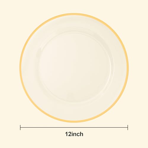 BESTSTAR 50 Pack 12 Inch Clear Charger Plates with Gold Rim | Disposable Plastic Table Decor Set for Party, Wedding, Dinner & Special Events