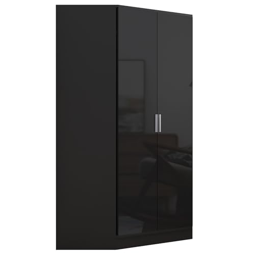 Reflect 2 Door Corner Wardrobe | Black Gloss & Black Oak | Bedroom Storage with 2 Hanging Rails & 8 Shelves | H: 180cm x W: 103cm x D: 103cm | Modern Space Saving Design