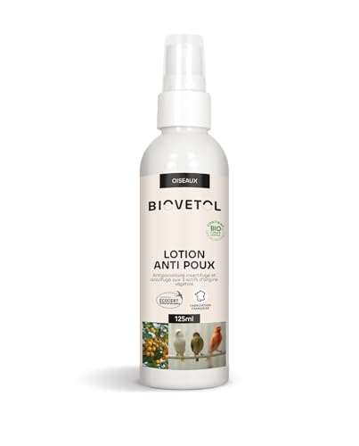 Biovetol - Lotion Anti-Poux, Anti-insectes pour oiseaux Bio - certifié par Ecocert - Avec Margosa, Geraniol et Lavandin, Protège Votre oiseau - conçu et frabriqué en France - 125 ml