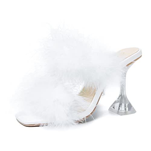 Heiyom Women's Square Toe Fuzzy Heels High Clear Heel Mules Sandals Two Fluffy Feather Bands Slippers Party Prom Dresses Shoes White 39 US7.5