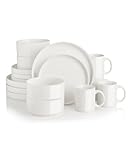 Sweejar Porcelain Dinnerware Sets for 4, 16 Pieces Ceramic Plates and Bowls Set, Classic Modern Simple Kitchen Dinner Dining Ware Set, Dishwasher and Microwave Safe Dishes Sets with Cups(Pure White)