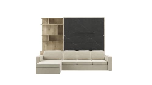MAXIMAHOUSE Schrankbett Vertikal Invento NOVA 160V (160x200) mit Couch Ecksofa, und Bücherregal, Lattenrost aus Holz, Wandbett Klappbett, Bett im Schrank(Eiche Charkiw/Stein+Beige)