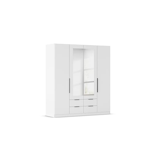 Rauch Möbel Belfast Kleiderschrank, Schrank, Garderobe, Organizer, 4-türig, mit Spiegel, 4 Schubladen für mehr Stauraum, Farbe Weiß, Kurze Griffleisten Grau metallic, 181x197x54cm Rauch Möbel Belfast Kleiderschrank, Schrank, Garderobe, Organizer, 4-türig, mit Spiegel, 4 Schubladen für mehr Stauraum, Farbe Weiß, Kurze Griffleisten Grau metallic, 181x197x54cm