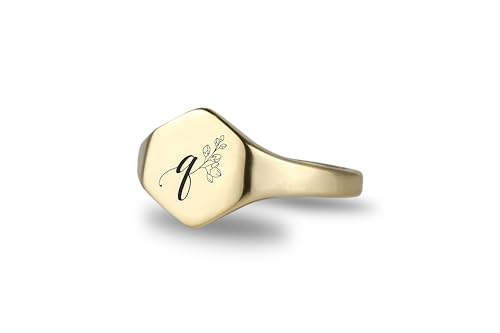 Bague en forme d'hexagone en or 14k et chevalière lettre femme