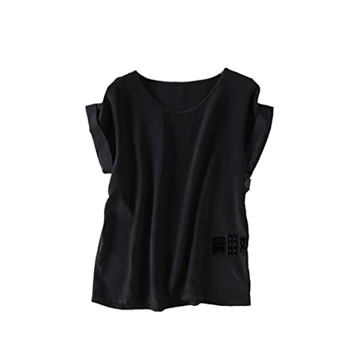 T-shirt 100% soie femme anti-transpiration, haut noir ample col rond manches mi-longues