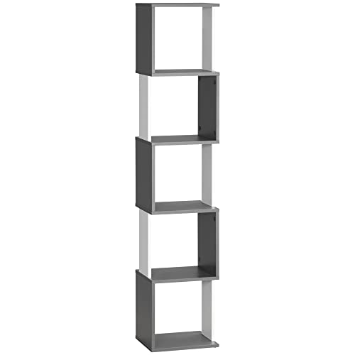 HOMCOM Libreria Moderna a 5 Ripiani in Legno, Mobile Libreria a Parete Salvaspazio per Casa e Ufficio, 33x28x161cm, Grigio e Bianco
