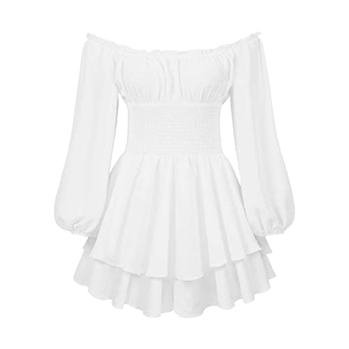 JiJiRuDU Damen Piratenkostüm Sommerkleid Swingkleid Off Shoulder Slash Neck A-Linien-Kleid Trägerloses Knielanges Patchwork-Kleid Strandkleid Party...