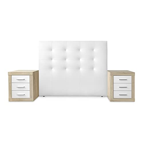 DUÉRMETE ONLINE - Pack Cabecero Polipiel París Blanco de 160 x 120 cm + 2 Mesitas de Noche Omabella Cambria/Blanco (para Cama de 150)