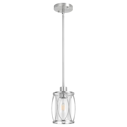 Image of Glass Pendant Lights Kitchen Island Brushed Nickel, 1 Pack | Pendant Light Fixtures Adjustable Farmhouse Mini Hanging Light with Clear Glass for Sink Dining Room Foyer Entryway