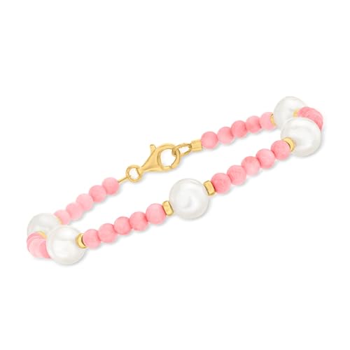 Ross-Simons 8.5-9mm Cultured Pearl and 4mm Pink Coral Bead Bracelet in 18kt Gold Over Sterling