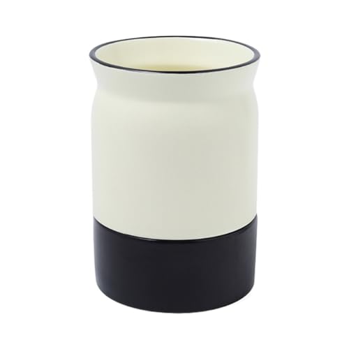 WAIT FLY Simple White/Black Porcelain Kitchen Utensil Holder with Bottom, Flatware Storage Organizer Utensil Crock for Countertop Kitchen Counter Decor-White/Black-L