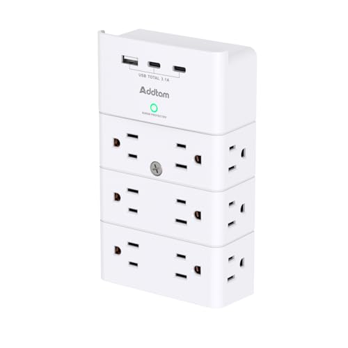 Multi Plug Outlet, Addtam Surge Protector Wall Mount with 12 Outlet Extender 3 Sides and 3 USB Ports (2 USB-C), Outlet Splitter Power Strip for Home, Office, Hotel, White