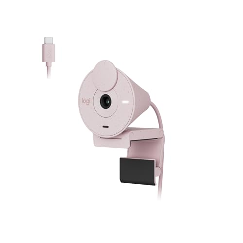 Webcam USB C Full HD Logitech Brio 300, Câmera para PC com Proteção de Privacidade, Correção Automática de Luz e Conexão USB-C - Rosa
