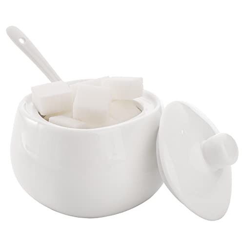 Dicunoy Set of 4 Sugar and Creamer Set, Small Creamer Pitcher with Handle for Coffee Bar, Sugar Bowl with Lid, Spoon and Tray, White Ceramic Sweetener Packet Container for Tea, Milk - Thumbnail 5