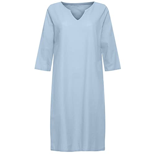 Baxlimek Cotton Linen Dresses For Women,2023 Spring Summer Casual Loose V Neck 3/4 Sleeve Boho Midi Dress,Trendy Elegant Plain Beach Dress For Hawaiian Vacation Resort Wear(B-Sky Blue,Xl) #TOP3