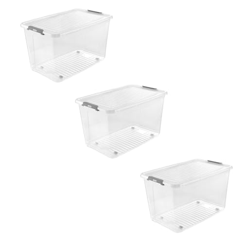keeeper leo 3x Aufbewahrungsbox mit Deckel und Rollen, 56 L, 59 x 38 x 35,5 cm, Clipbox, Transparent