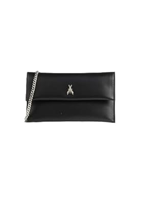 PATRIZIA PEPE Pochette Elegante in Pelle Nera con Tracolla a Catena Argento, 27,5 x 15 cm, Chiusura con Patta e Bottone